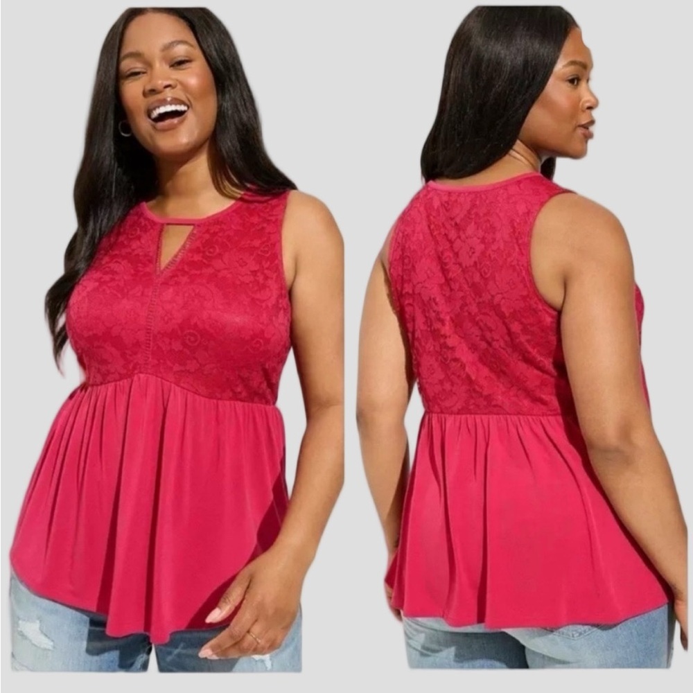 Lace Yoke Sleeveless Peplum Top - Raspberry Pink